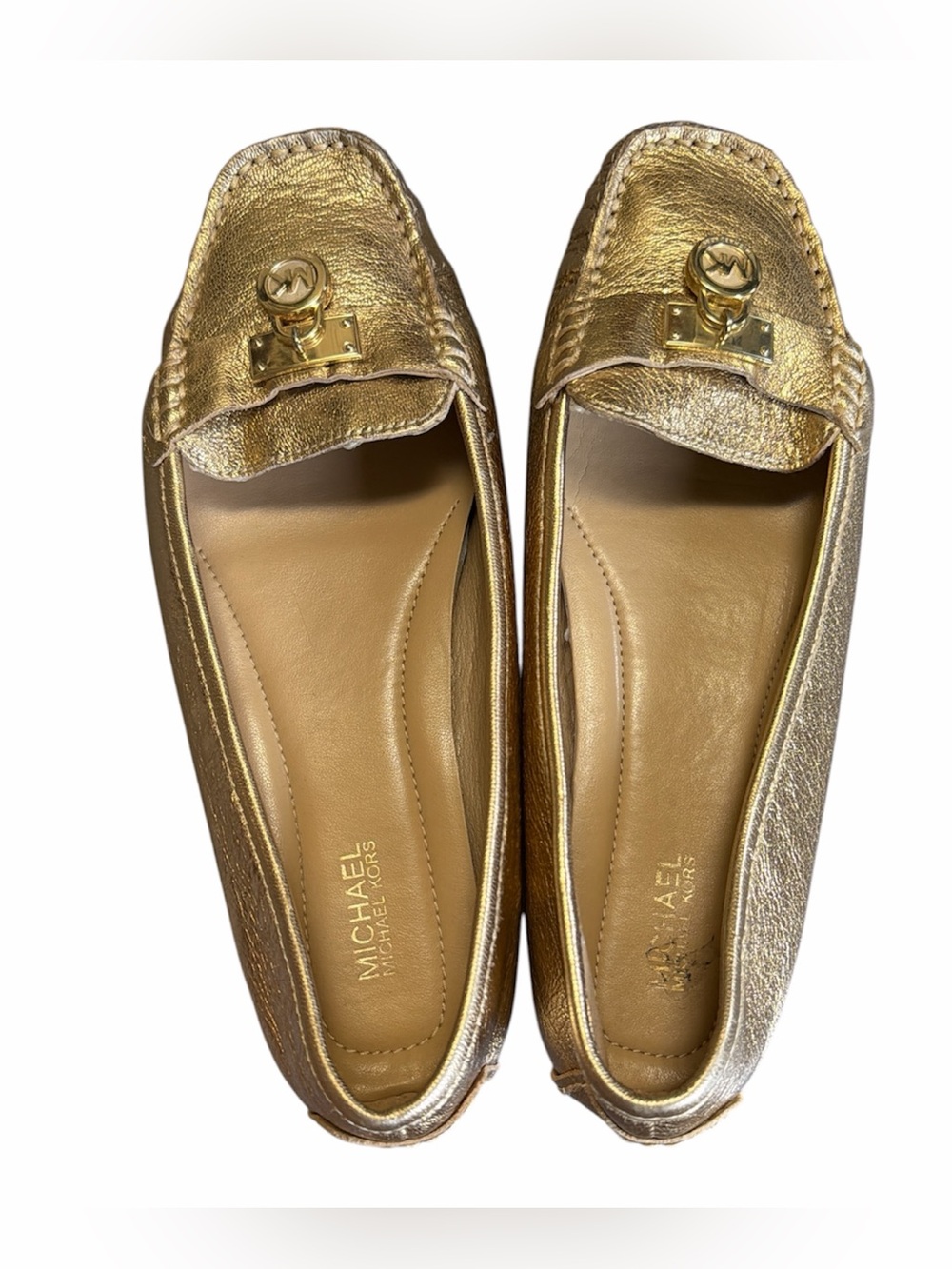 Michael Kors Metallic Gold Leather MK Charm Moccasin Flats/Loafers size 7.5